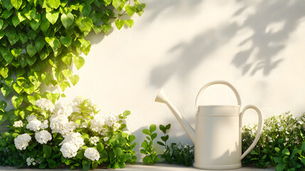 Enchanting Gardening Scene: A Serene Watering Can Amidst Vibrant Flowers and Lush Greenery in a Sunlit Outdoor Setting