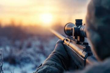 Military sniper engaging targets from a concealed position in heavy fog realistic details of stealth and precision