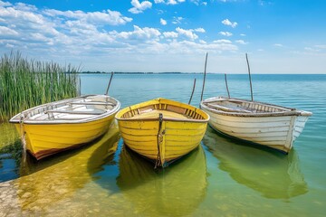 Fototapeta premium Three wooden boats docked on a calm lake with clear blue sky
