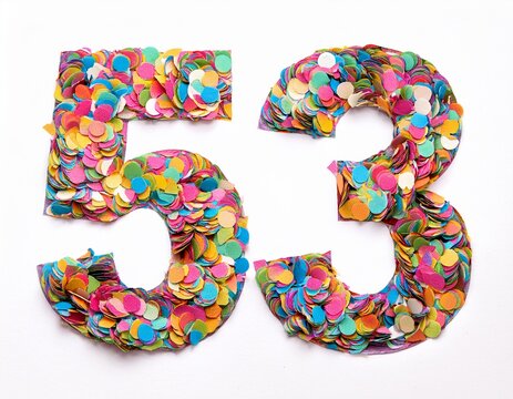 Number 53 made out of confetti, white background. photo for fifty-third birthday or anniversary party