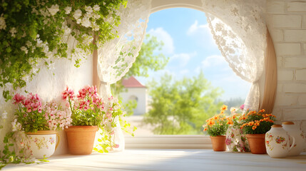 Charming Window View with Lush Flowers and Delicate Curtains, Inviting Nature into Your Home and Enhancing Interior Decor with Vibrant Colors and Serenity