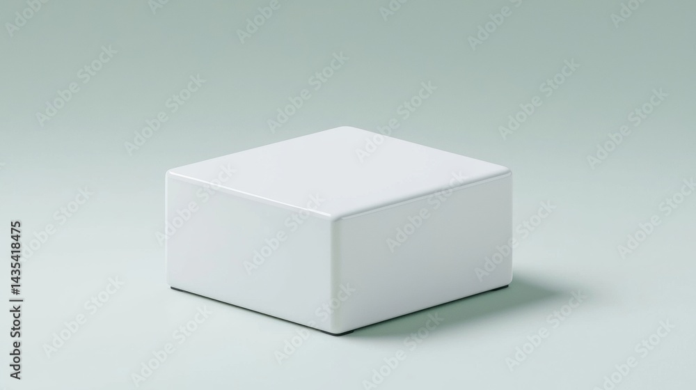 Poster a white cube with a smooth surface and a slightly curved base sits on a light green background.