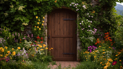 Charming Garden Entrance: A Rustic Wooden Door Framed by Vibrant Flowers and Lush Greenery in a Serene Outdoor Setting