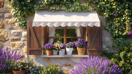 Charming Lavender Window Garden: A Serene Escape in Vibrant Purple and Nature's Embrace with Rustic Stone Walls and Inviting Decor