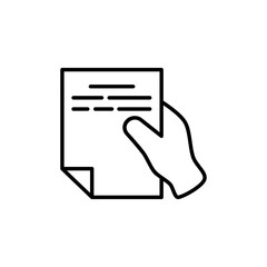 icon of hand holding document, simple flat style, illustration, logo sign symbol pictogram template, for ui or ux isolated on white for mobile app, editable