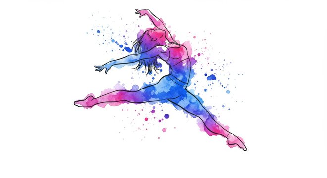 Dynamic watercolor illustration of a dancer in mid-air with vibrant colors