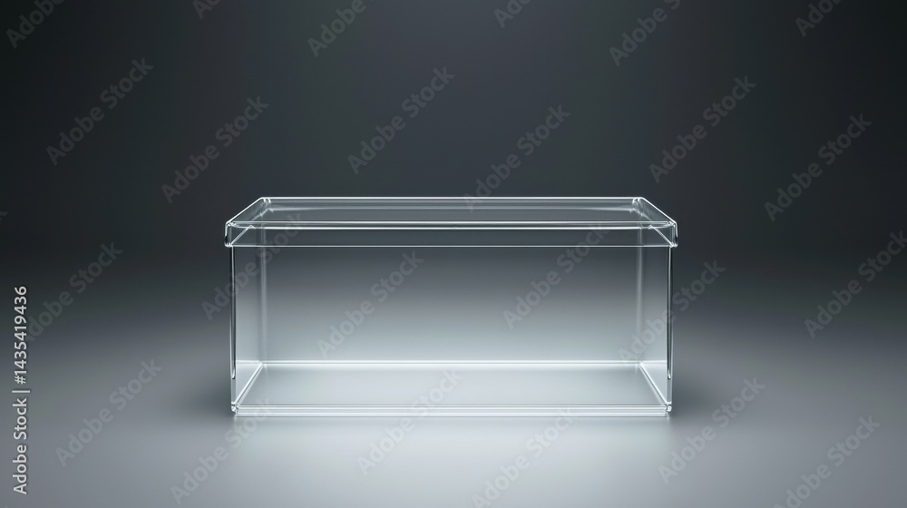 Poster a transparent box with a lid sits on a gray surface.
