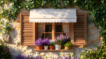 Charming Window Display with Lavender Flowers and Greenery, Evoking an Idyllic Rustic Home Aesthetic Perfect for Tranquility and Relaxation in a Sunlit Garden Setting