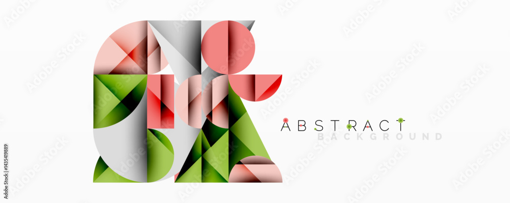 Poster geometric shapes overlap, creating dynamic composition. red, green, gray tones dominate design. mini