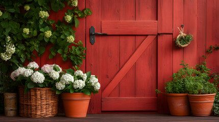 Charming Hydrangeas Nestled by a Vibrant Red Door: A Splendid Outdoor Floral Arrangement Capturing Nature’s Beauty and Tranquility in Your Garden Space