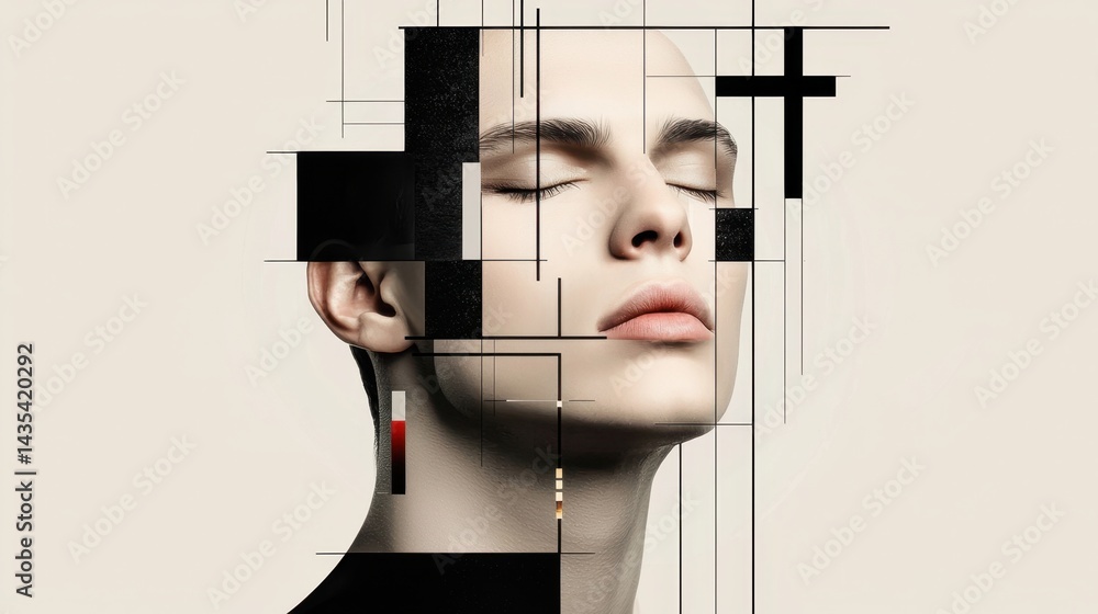 Poster fragmented black and white graphic design with digital glitch elements and noise texture