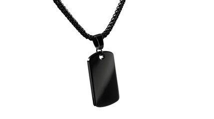 Black dog tag pendant on a chain, isolated against a plain black background