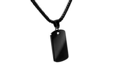 Black dog tag pendant on a chain, isolated against a plain black background