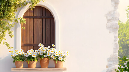 Charming Floral Arrangement in Pots by a Rustic Window - A Serene Moment Captured in Nature's Beauty