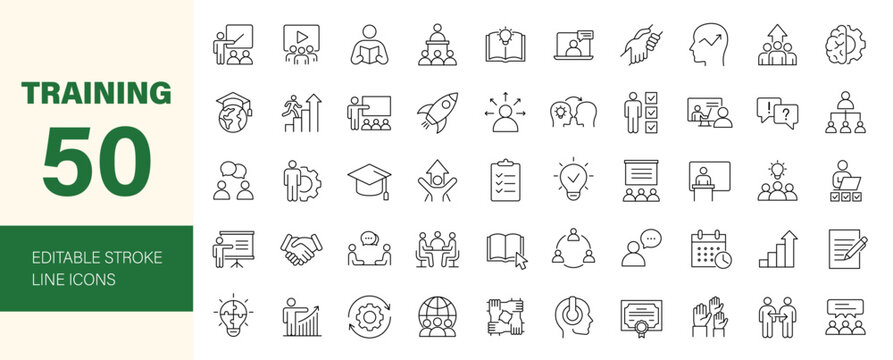 Training icon set. Containing coaching, workshop, education, seminar, advise, support, learning, webinar, skills, business and more. Editable line icons. Vector illustration.