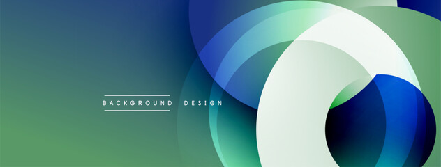 Abstract design features overlapping circles. Gradient shades blend blue, green, white. Minimalist aesthetic creates modern visual impact.