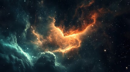 Fototapeta premium Beautiful Cosmic Nebula with Bright Orange and Blue Gas Clouds Illuminated by Distant Stars in a Vibrant Universe Scene