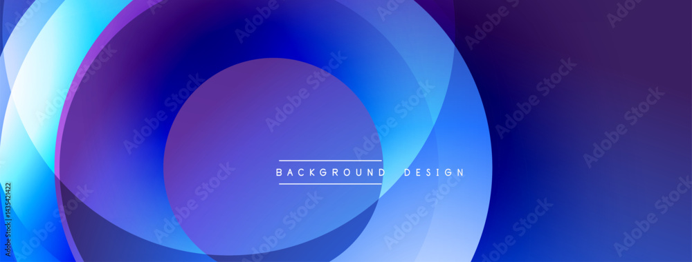 Poster Abstract design features overlapping circles. Shades range from deep purple to bright blue. Minimalist aesthetic, modern presentation.