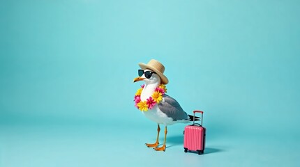Coole M&ouml;we mit Sonnenhut und pinkfarbenem Koffer vor blauem Hintergrund &ndash; Urlaubskonzept