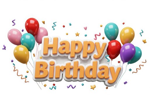 3D happy birthday text with colorful balloons and streamers