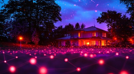 Fototapeta premium Night House Illuminated Smart Home Network Lights Trees