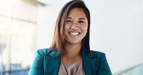 Happy, confident and portrait of businesswoman in lobby for corporate finance conference. Smile,...