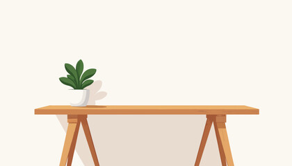 Minimalist wooden desk with green plant in natural light, workspace elegance