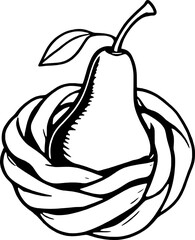 Elegant Pear Resting in a Woven Nest Black and White Line Art Illustration Isolated on White