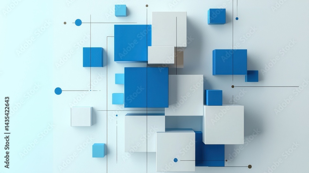 Poster graphic design with crisp blue boxes arranged in a loose pattern on white