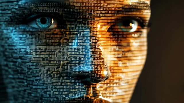 Digital human face with binary code patterns and glowing blue and orange lights. 4K video
