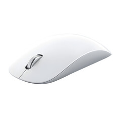 A sleek white computer mouse with a silver scroll wheel on a black background in a studio setting