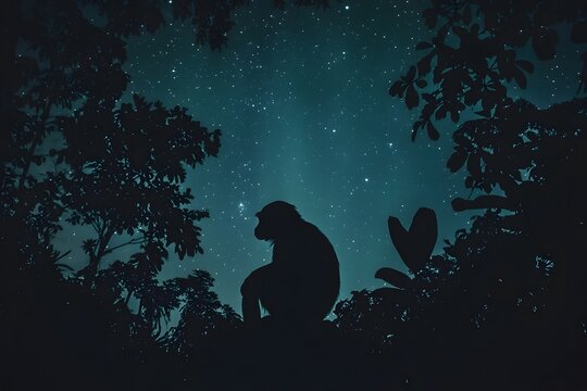 Silhouette of a monkey sitting under the night sky full of stars and surrounded by trees foliage