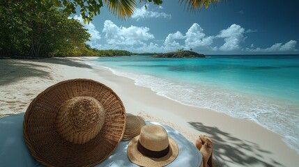 Obraz premium Tropical beach paradise. Relaxing scene on a pristine white sand beach, turquoise water, and lush green foliage