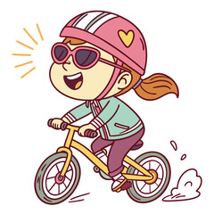 Happy child riding a bike with a helmet and sunglasses