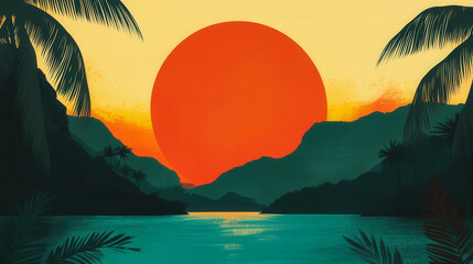 Tropical sunset with palms and mountain silhouette background