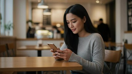 Woman engaged with smartphone in cozy cafe environment displaying relaxed atmosphere