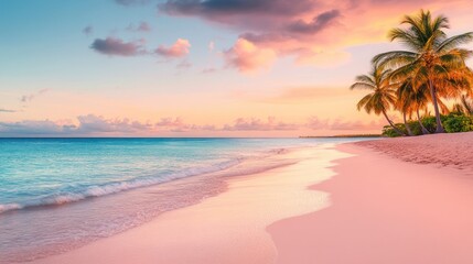 A serene beach scene at sunset with palm trees and gentle waves.