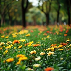Obraz premium A vibrant field of colorful flowers in a park setting