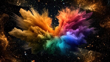 Intense, energetic burst of rainbow-colored particles in digital space