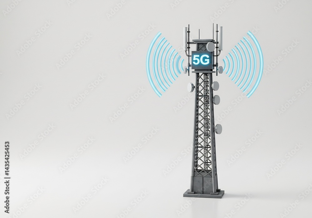 Poster transmitting tower with digital waves on plain background