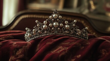 Obraz premium An ornate crown adorned with pearls is resting on red fabric