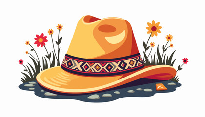 Boho hat resting on colorful flowers in grass, festive spirit
