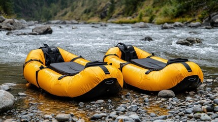 Obraz premium Two bright yellow inflatable rafts resting on riverbank, ready for adventure. Rocky riverbank, calm water, ideal for outdoor enthusiasts