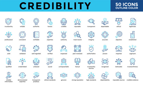  Credibility icons set with trustworthy, reliable, authentic, honest, credible, reputable, transparent, dependable, ethical, legitimate icon. Simple outline color vector 
