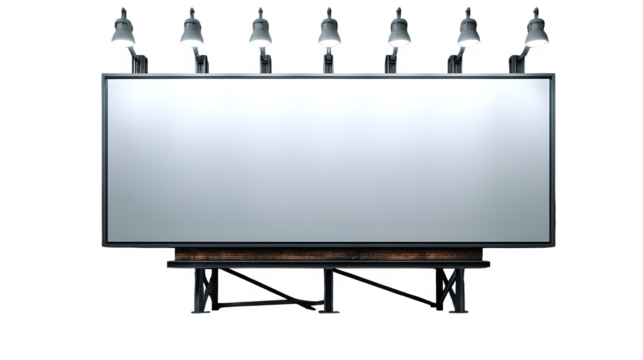 Large blank white billboard with lighting above, set against a black background in a studio setting