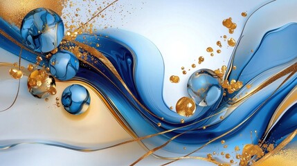 Luxurious marbling pattern with flowing blue and gold ink swirls on white background