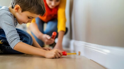 Obraz premium Home Pest Prevention Tips. Young Boy and Adult Repairing Baseboard Together
