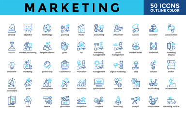 Marketing icons set with strategy, objective, technology, planning, media, accounting, influencer, success, economy, collaboration icon. Simple outline color vector 
