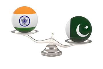 Two balls with flag India, Pakistan and scale on white background. Isolated 3D illustration