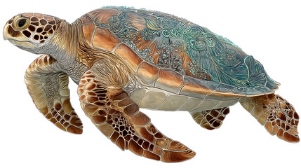 Fototapeta premium Large turtle with detailed shell artwork on a transparent background